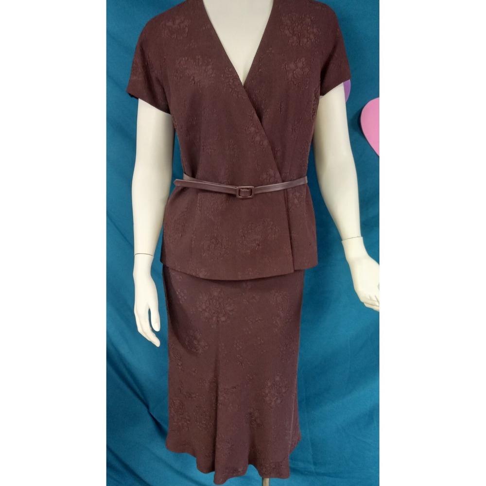 Lafayette 148 petite career skirt suit 4/6 belted viscose silk textured plum